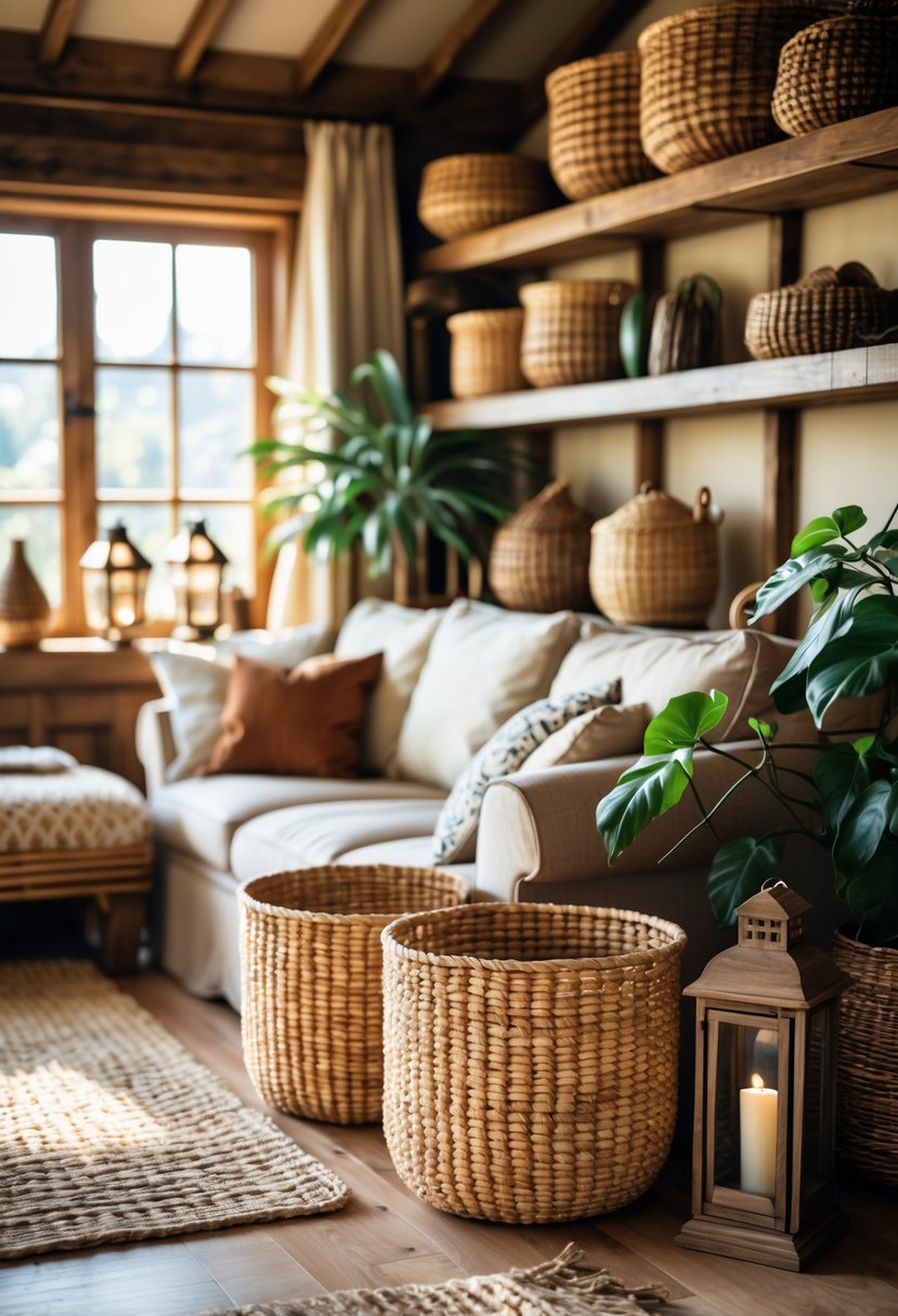 Warm Rustic Living Room Ideas: 22 Inspiring Ways to Create a Cozy Space 11 A living room with woven baskets used for storage, wooden furniture, cushions, and plants creating a warm and inviting space.