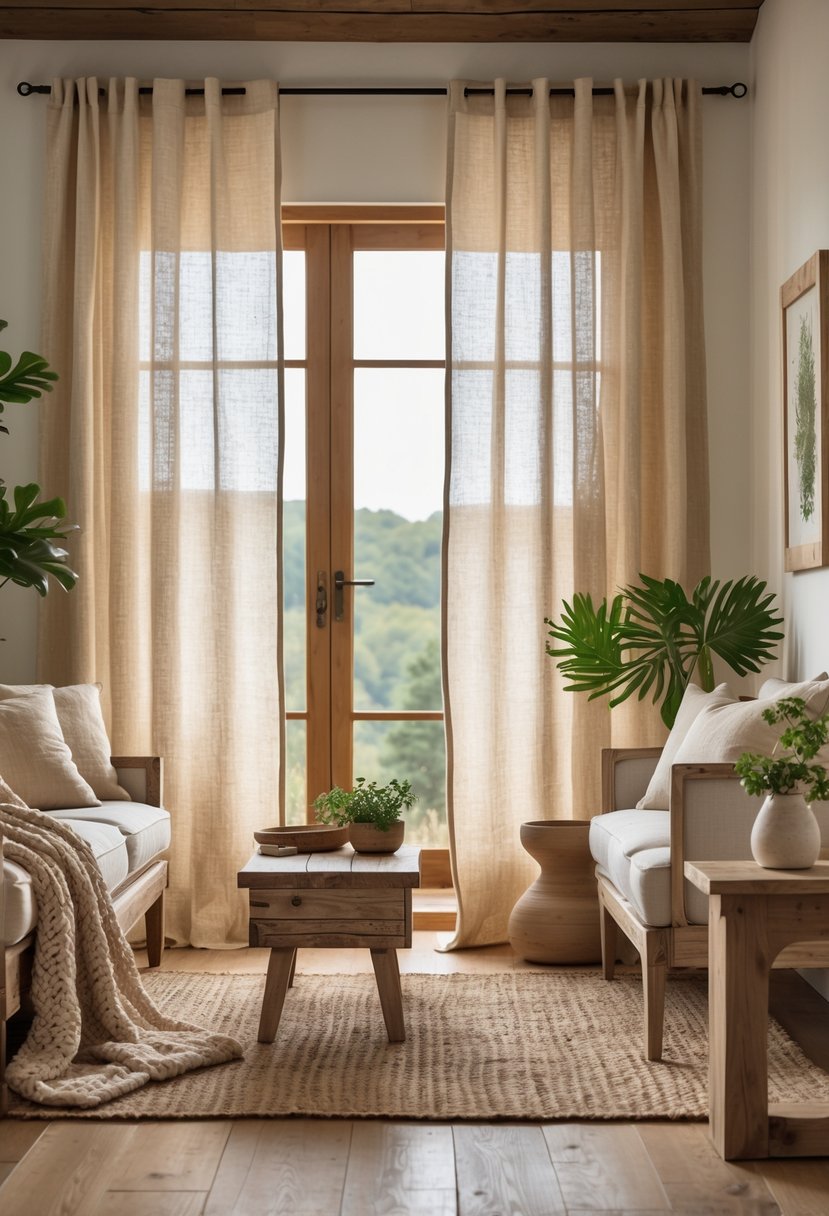 Warm Rustic Living Room Ideas: 22 Inspiring Ways to Create a Cozy Space 13 A cozy living room with natural linen curtains letting in soft sunlight, wooden furniture, a sofa with cushions and a throw, plants, and decorative items.