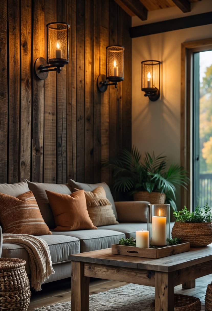 Warm Rustic Living Room Ideas: 22 Inspiring Ways to Create a Cozy Space 14 A living room with metal wall sconces glowing warmly on a wooden wall, comfortable seating, and a wooden coffee table with decorations.