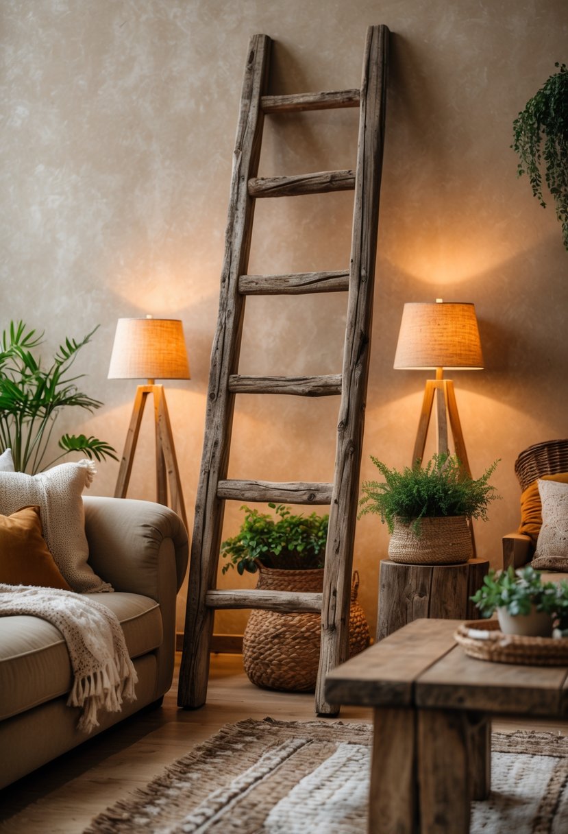 Warm Rustic Living Room Ideas: 22 Inspiring Ways to Create a Cozy Space 15 A cozy living room with a vintage wooden ladder leaning against the wall, surrounded by comfortable furniture and warm lighting.
