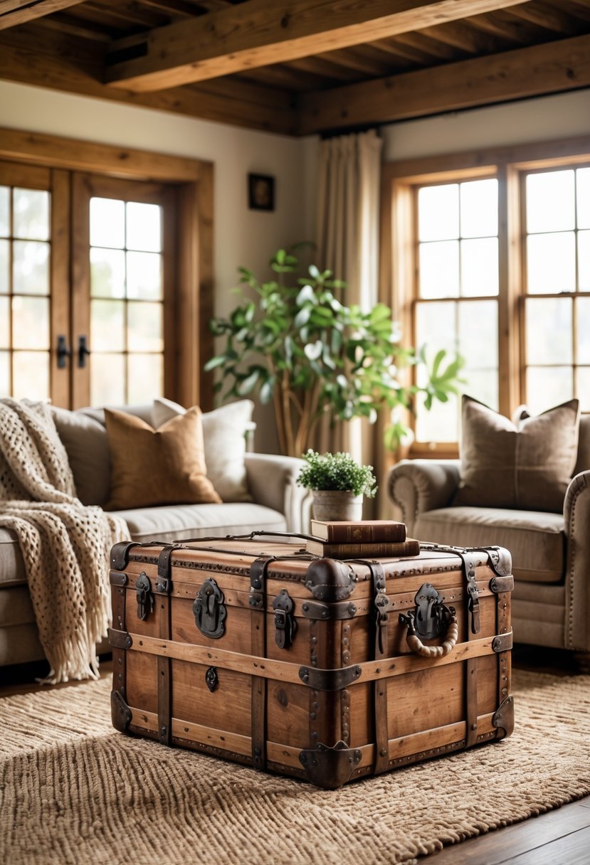 Warm Rustic Living Room Ideas: 22 Inspiring Ways to Create a Cozy Space 16 Living room with an antique wooden trunk used as a coffee table surrounded by sofa and armchair.