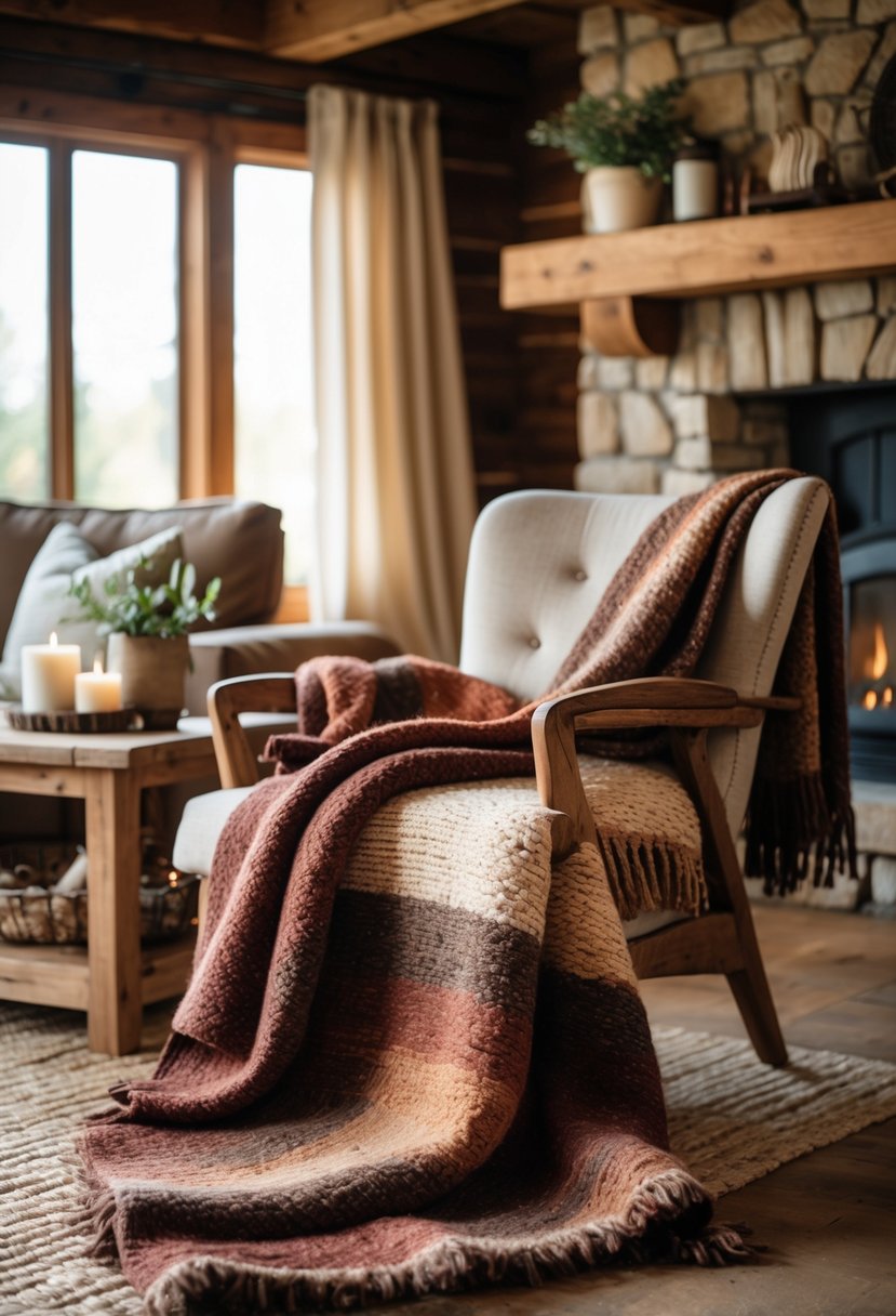 Warm Rustic Living Room Ideas: 22 Inspiring Ways to Create a Cozy Space 17 A cozy living room with a wooden armchair covered by a wool blanket, a wooden coffee table, and a stone fireplace in the background.