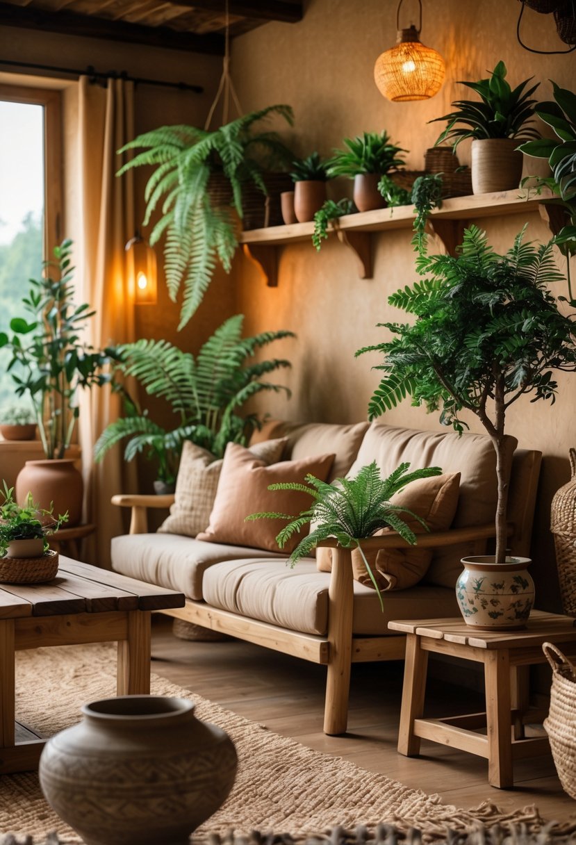 Warm Rustic Living Room Ideas: 22 Inspiring Ways to Create a Cozy Space 19 A cozy living room with wooden furniture and several potted green plants placed around the space.