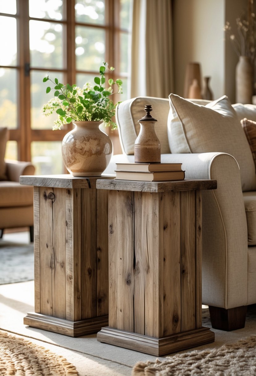 Warm Rustic Living Room Ideas: 22 Inspiring Ways to Create a Cozy Space 20 A living room with distressed wood side tables next to a sofa, decorated with plants, books, and a lamp, with warm natural lighting.