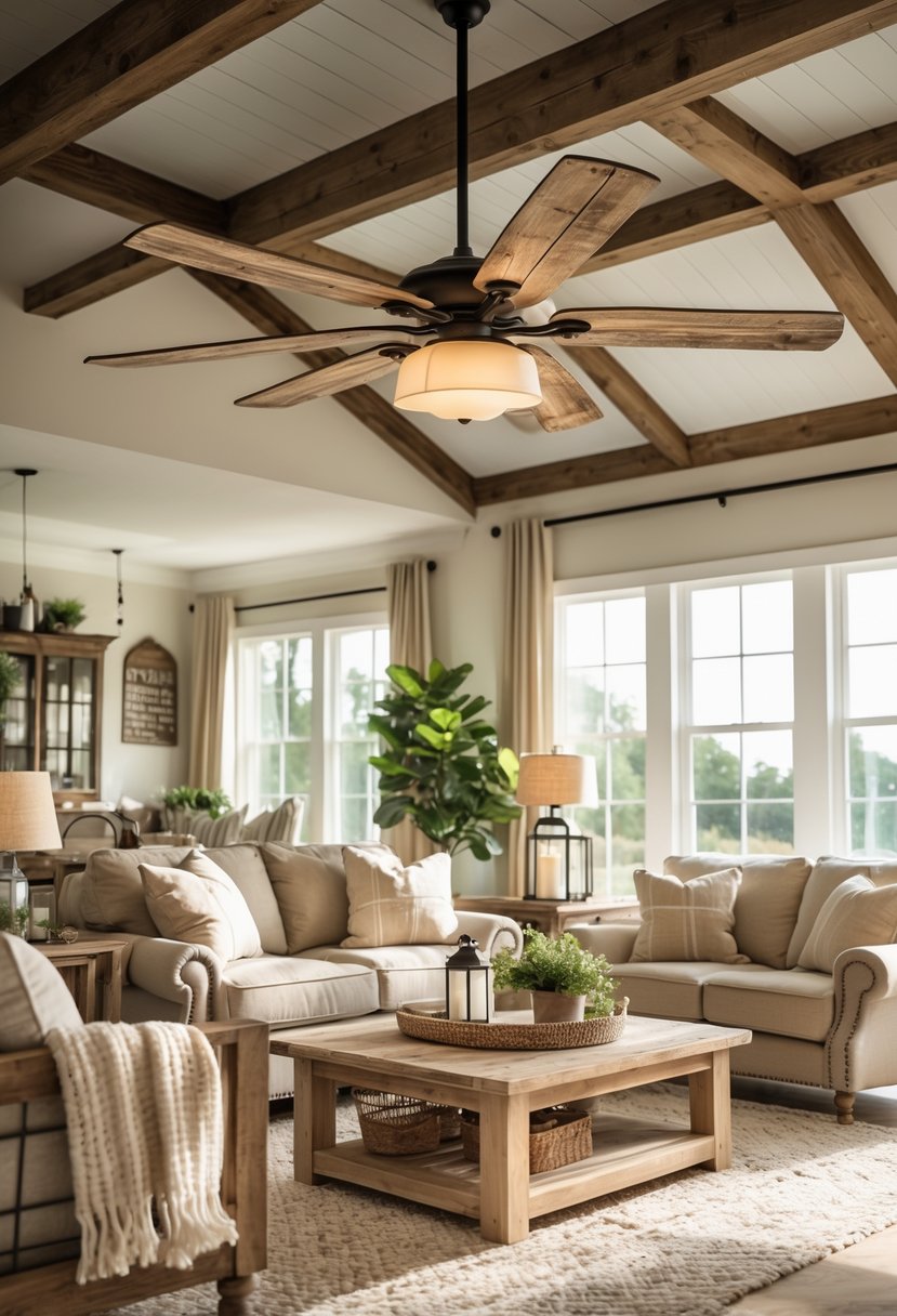 Warm Rustic Living Room Ideas: 22 Inspiring Ways to Create a Cozy Space 21 A warm and inviting living room with a wooden ceiling fan, comfortable seating, and natural light coming through large windows.