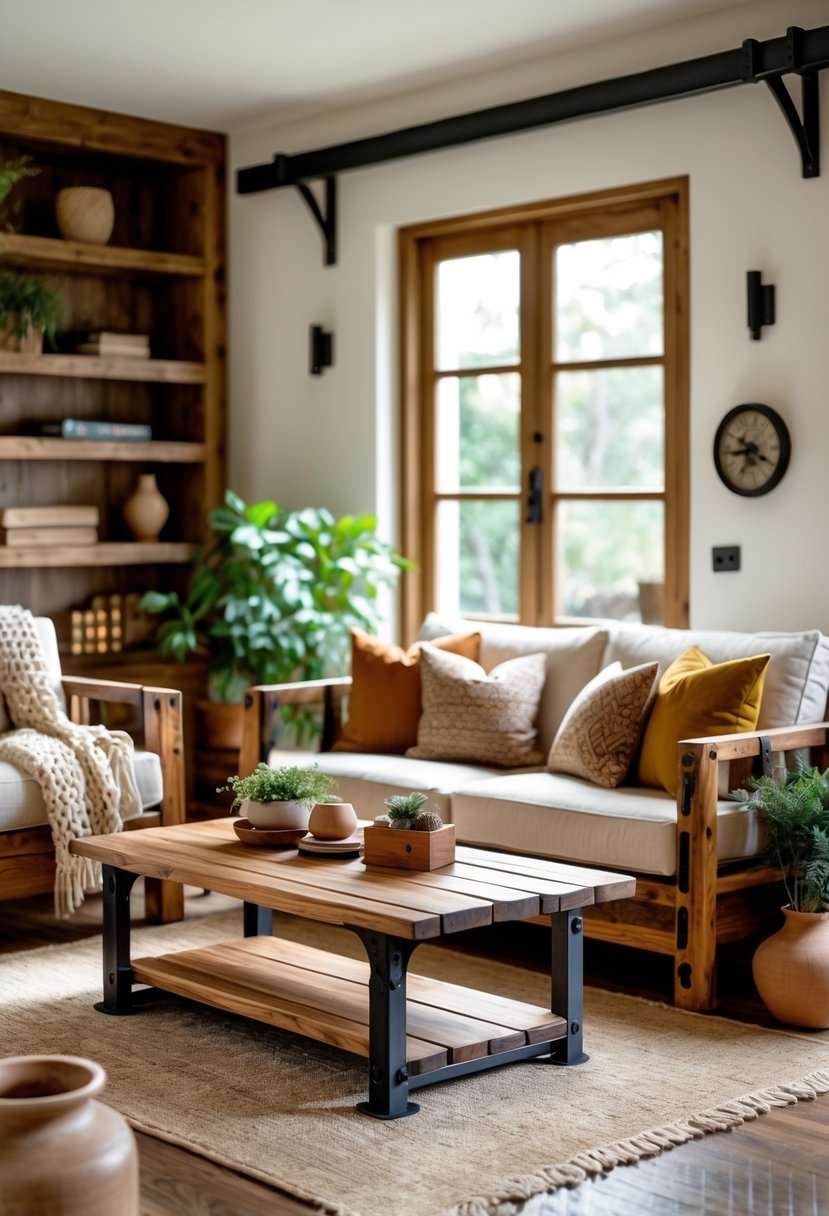 Warm Rustic Living Room Ideas: 22 Inspiring Ways to Create a Cozy Space 22 A living room with wooden and iron furniture including a coffee table, shelf, and sofa with cushions, lit by natural light from large windows.