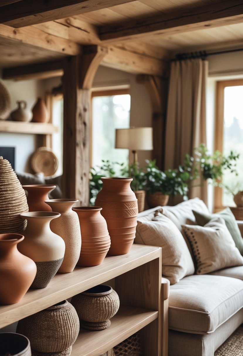 Warm Rustic Living Room Ideas: 22 Inspiring Ways to Create a Cozy Space 23 A living room with textured clay and ceramic vases displayed on wooden furniture surrounded by warm natural decor and soft lighting.