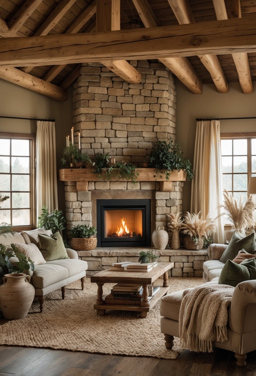 Warm Rustic Living Room Ideas: 22 Inspiring Ways to Create a Cozy Space 25 A cozy living room with a stone fireplace, wooden beams, comfortable seating, and natural light coming through large windows.