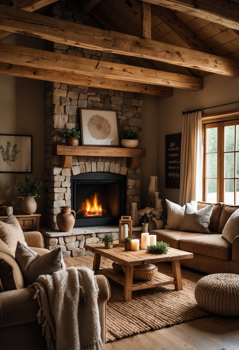 Warm Rustic Living Room Ideas: 22 Inspiring Ways to Create a Cozy Space 26 A cozy living room with wooden beams, a stone fireplace, comfortable seating, and warm lighting.