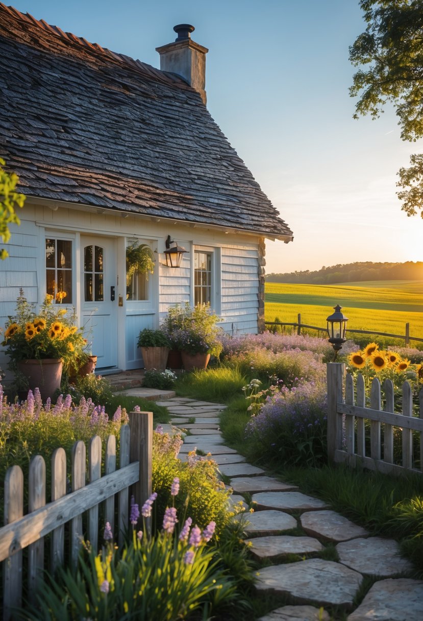 Farm Cottage Aesthetic Ideas: 21 Inspiring Ways to Create Cozy Charm 2 A rustic farm cottage surrounded by a colorful flower garden and a wooden fence under a clear sky.