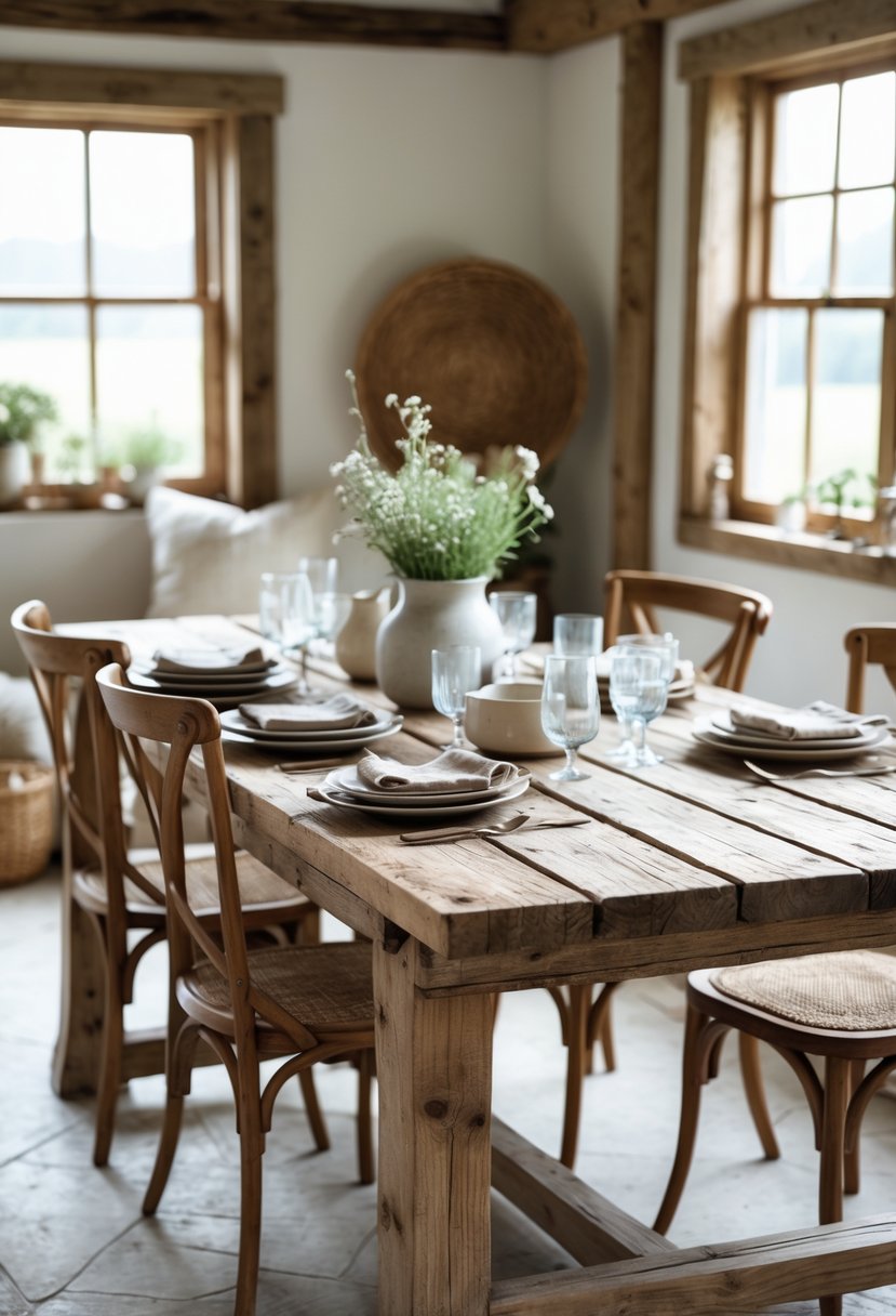 Farm Cottage Aesthetic Ideas: 21 Inspiring Ways to Create Cozy Charm 4 A rustic wooden dining table with chairs in a cozy cottage dining room, set with plates and glassware.