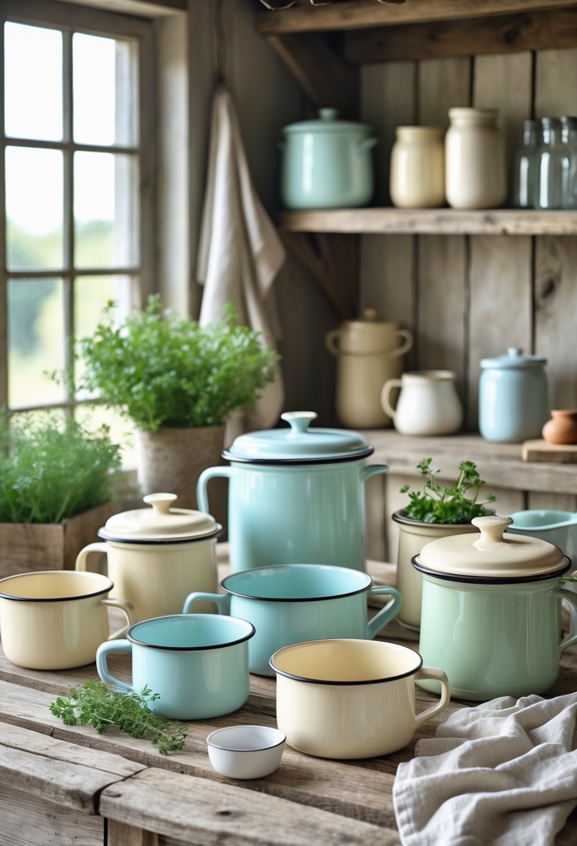 Farm Cottage Aesthetic Ideas: 21 Inspiring Ways to Create Cozy Charm 5 A collection of vintage enamel mugs, bowls, and a teapot arranged on a rustic wooden table with fresh herbs and kitchen linens in a bright kitchen setting.