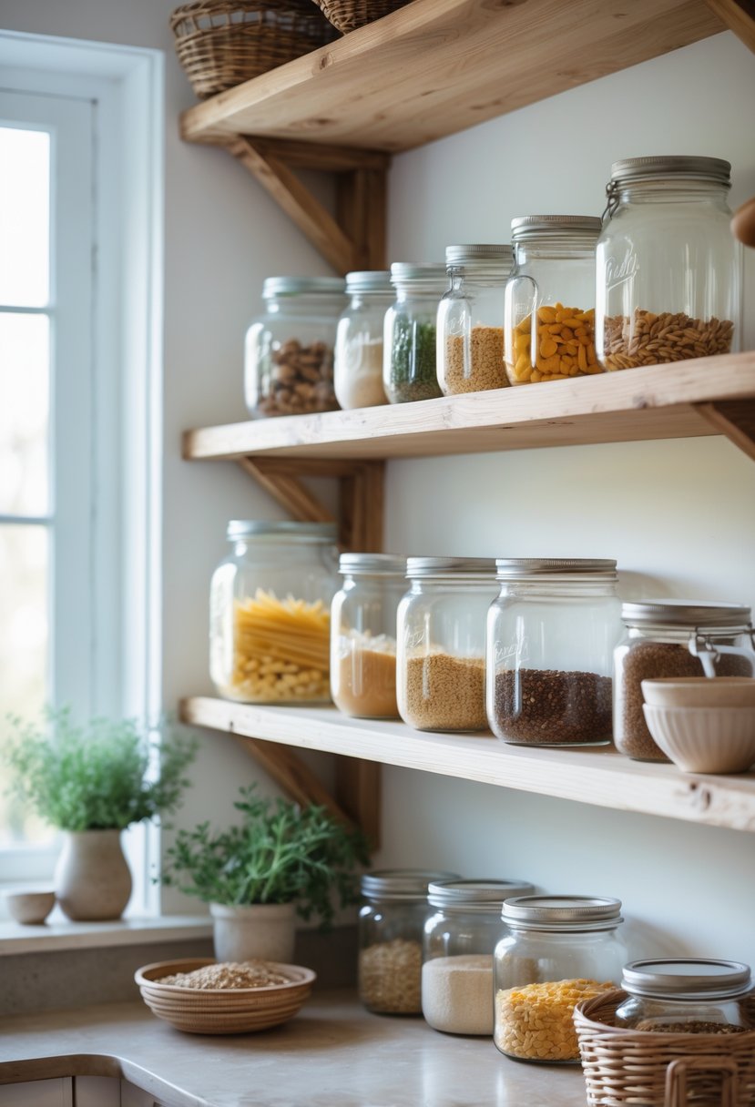 Farm Cottage Aesthetic Ideas: 21 Inspiring Ways to Create Cozy Charm 6 Open wooden shelves with mason jars filled with dry food items and small kitchen decor in a bright kitchen.