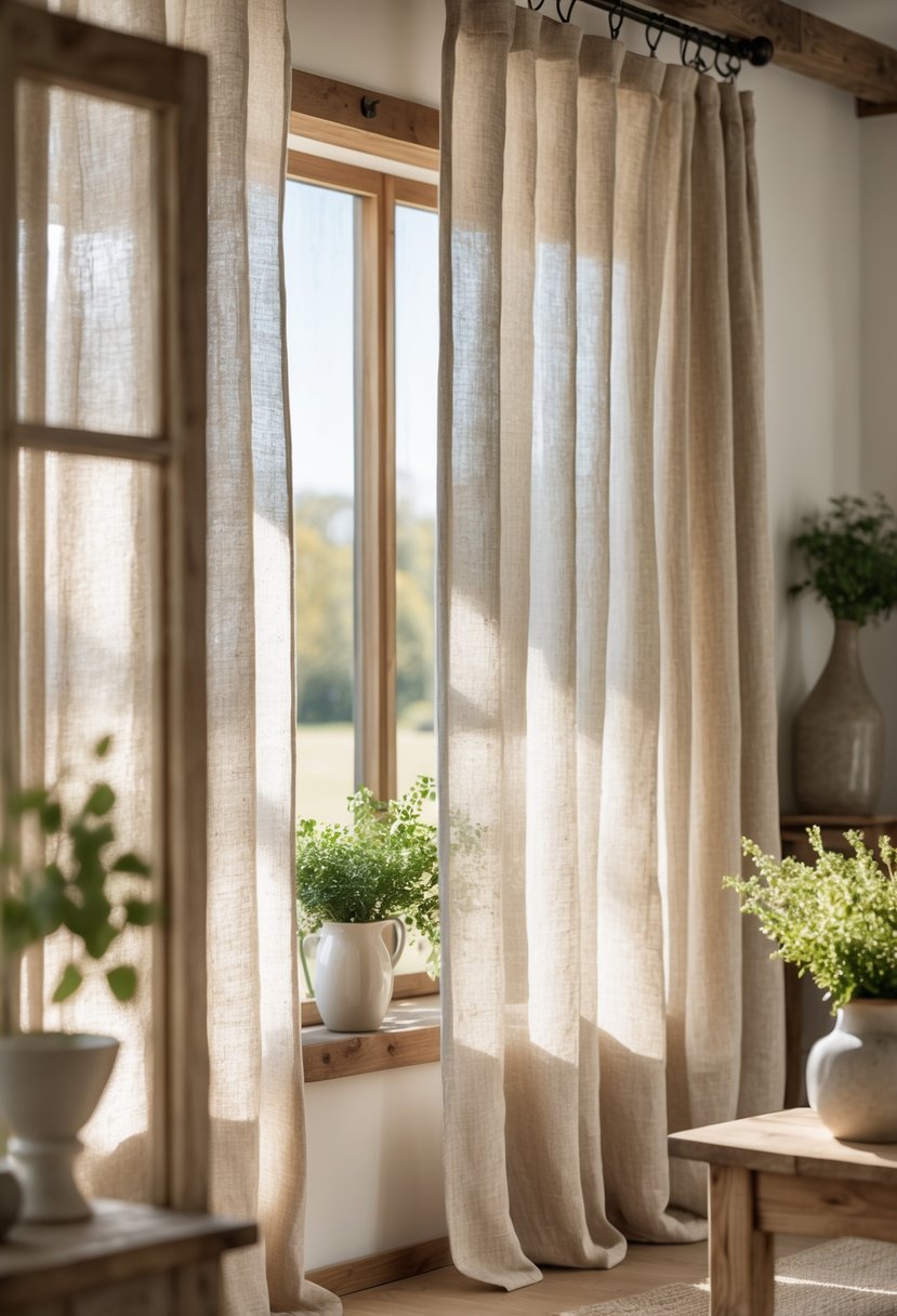 Farm Cottage Aesthetic Ideas: 21 Inspiring Ways to Create Cozy Charm 7 A window with rustic linen curtains in soft muted colors, sunlight filtering through into a cozy room.