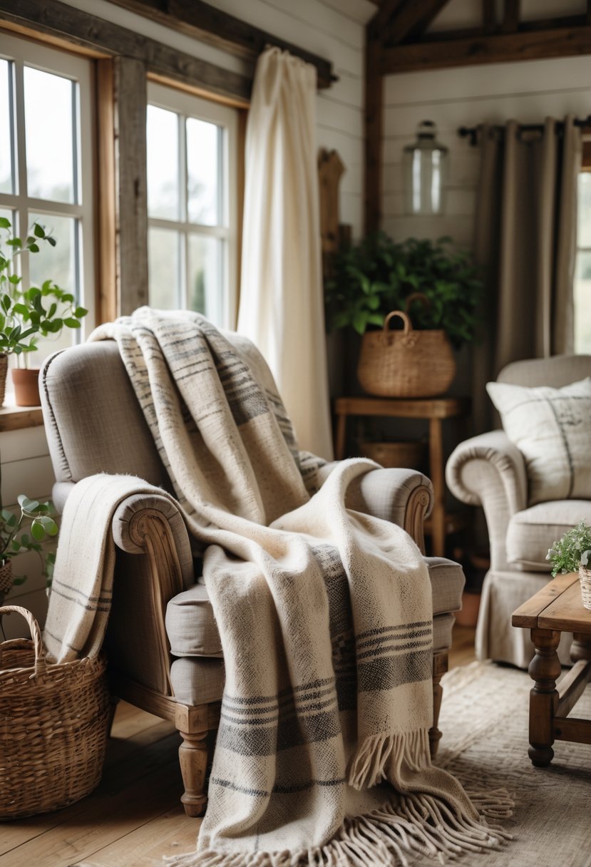 Farm Cottage Aesthetic Ideas: 21 Inspiring Ways to Create Cozy Charm 8 A cozy living room with handwoven wool blankets draped over a wooden armchair and sofa, bathed in soft natural light.