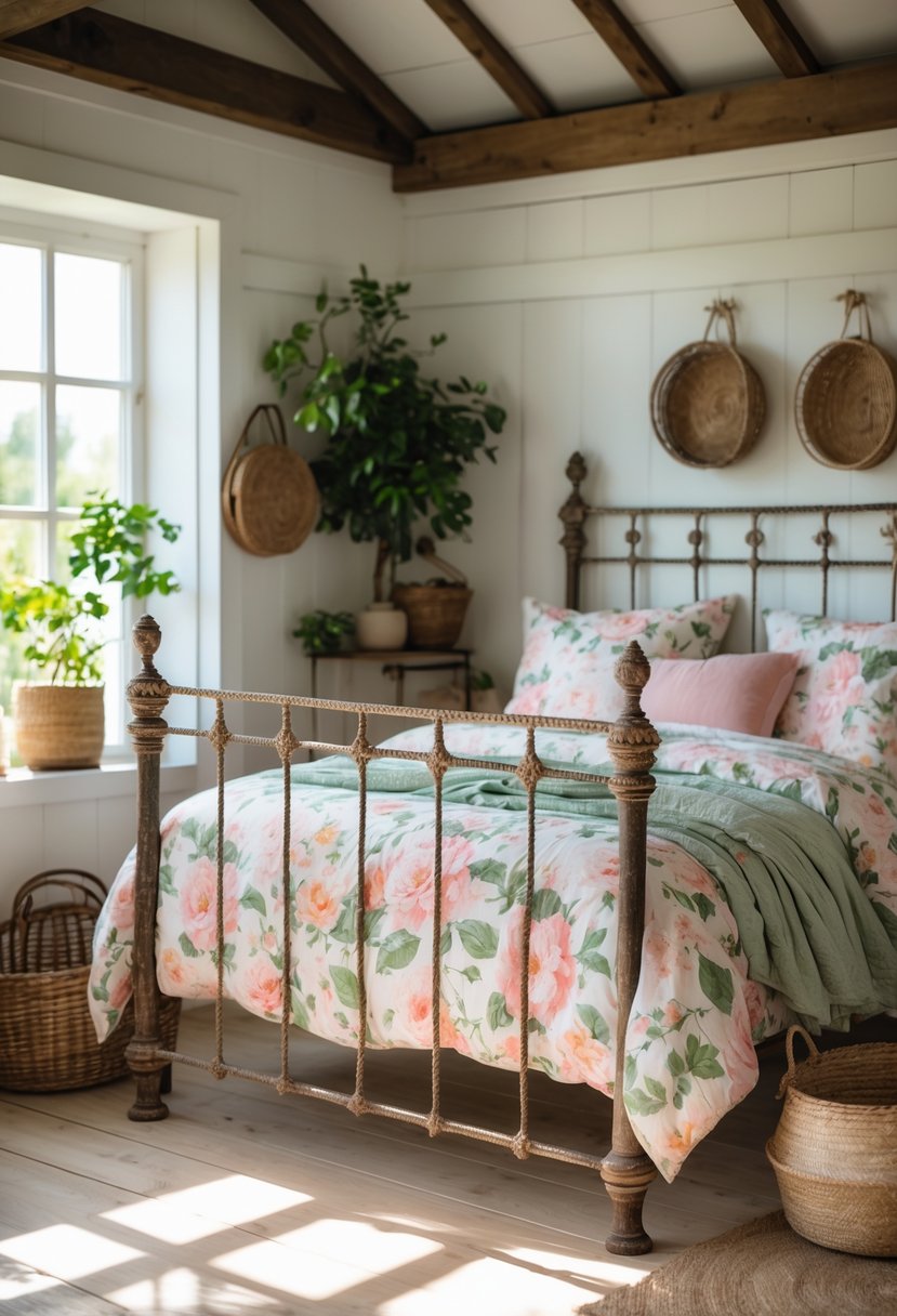 Farm Cottage Aesthetic Ideas: 21 Inspiring Ways to Create Cozy Charm 9 An antique iron bed with floral bedding in a sunlit bedroom with wooden floors and rustic decor.
