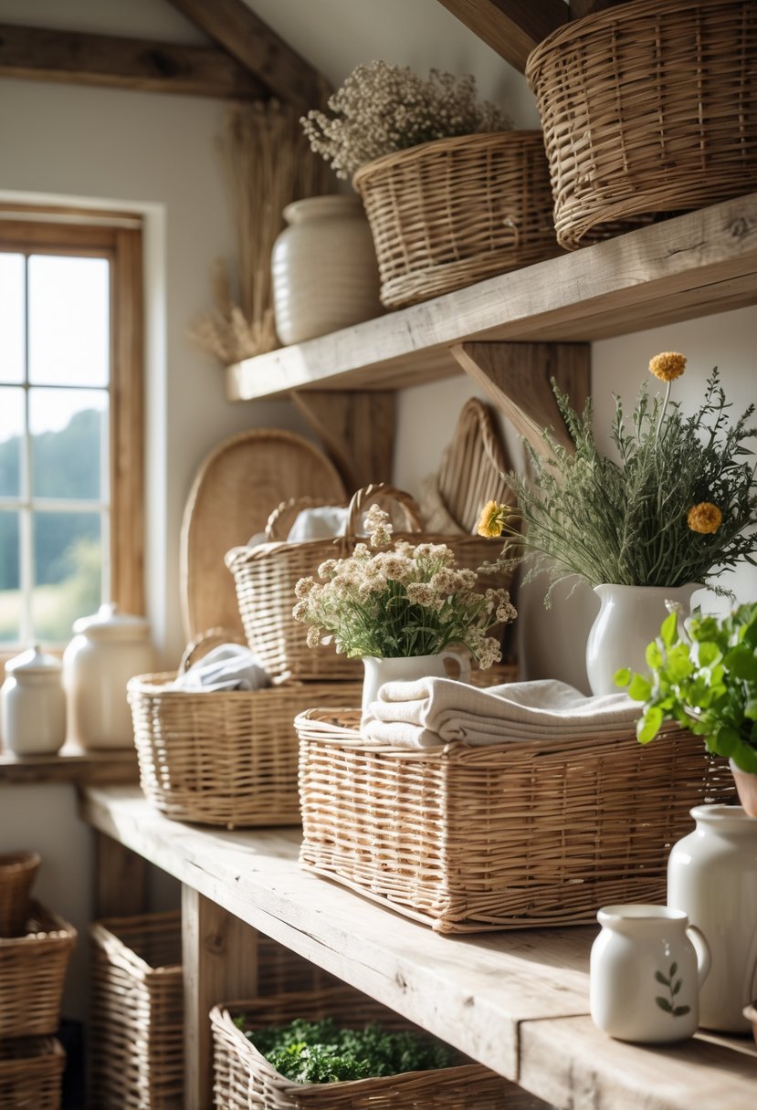 Farm Cottage Aesthetic Ideas: 21 Inspiring Ways to Create Cozy Charm 10 Wicker baskets arranged on a wooden shelf in a cozy room with natural light and farmhouse decor.