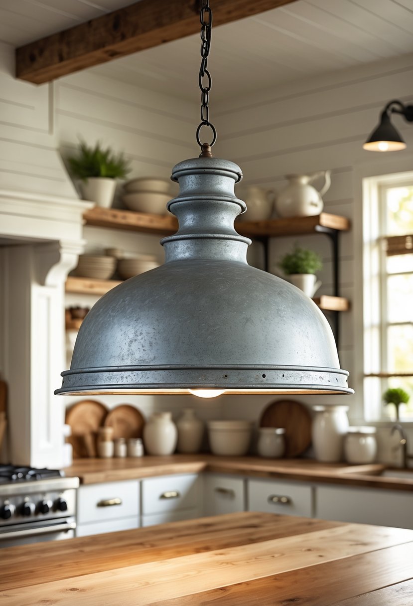Farm Cottage Aesthetic Ideas: 21 Inspiring Ways to Create Cozy Charm 14 A galvanized metal pendant light hanging above a wooden kitchen island in a farmhouse kitchen with white walls and open shelves.