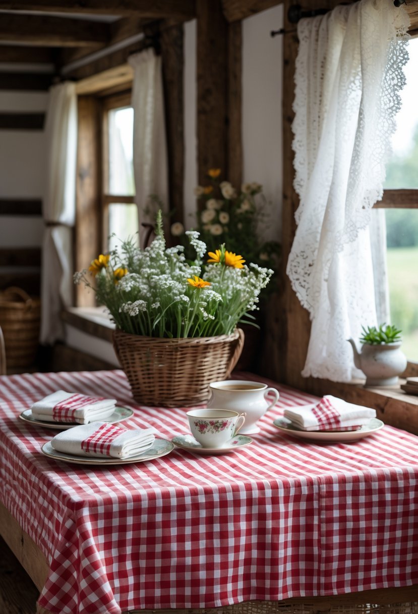Farm Cottage Aesthetic Ideas: 21 Inspiring Ways to Create Cozy Charm 15 A rustic wooden table set with red and white gingham check textiles, fresh flowers, and a cup of tea inside a cozy cottage.