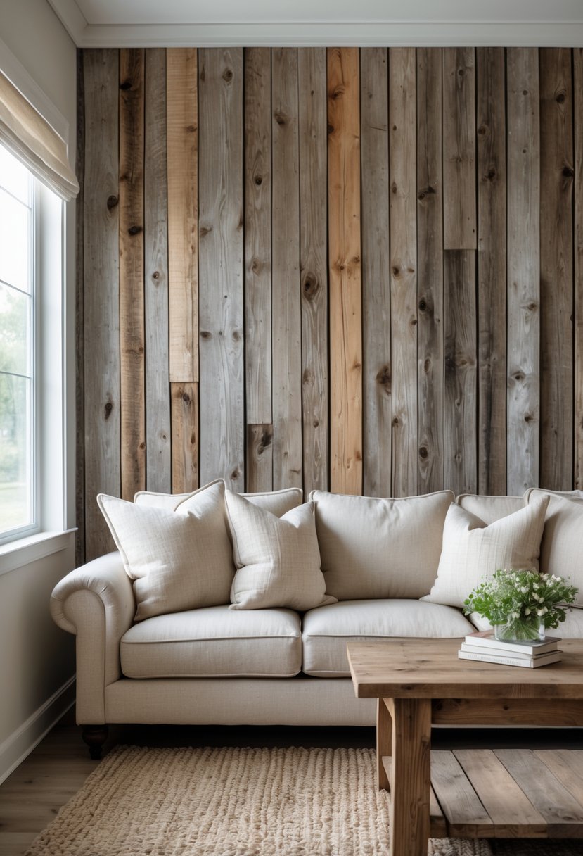 Farm Cottage Aesthetic Ideas: 21 Inspiring Ways to Create Cozy Charm 16 Living room with a reclaimed wood accent wall, a beige sofa, and a rustic wooden coffee table.