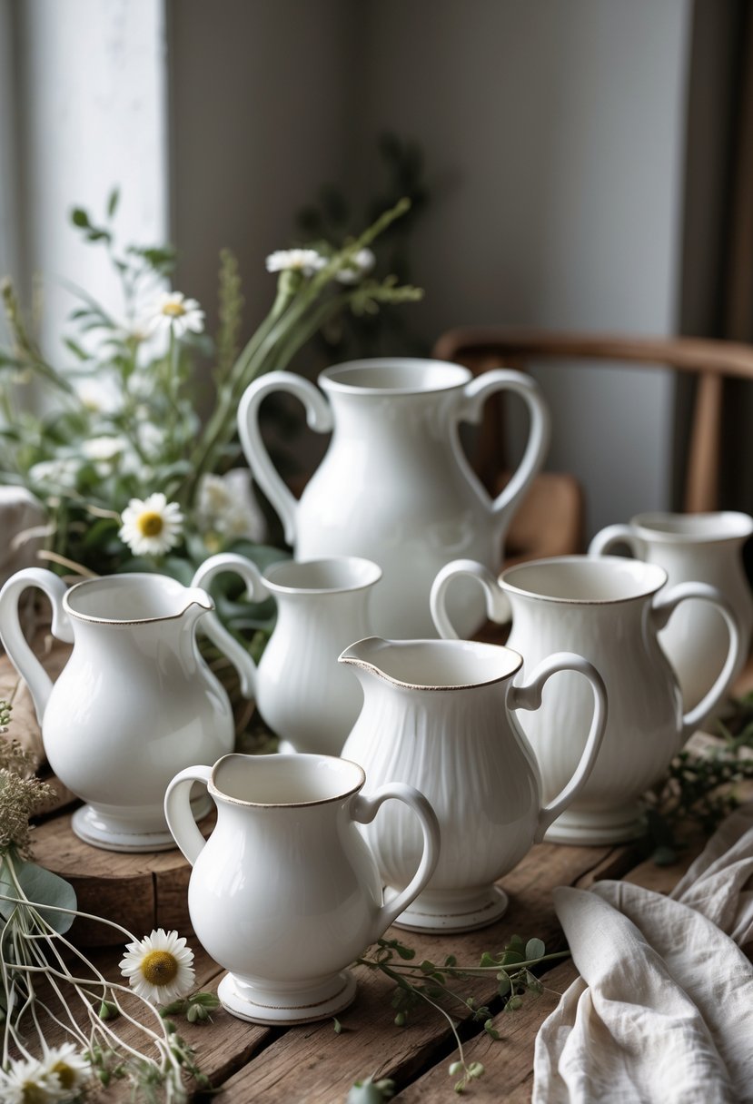 Farm Cottage Aesthetic Ideas: 21 Inspiring Ways to Create Cozy Charm 17 A group of white porcelain pitchers displayed on a wooden table with flowers and greenery around them.