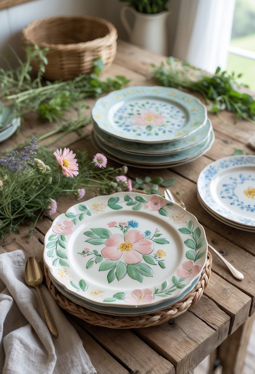 Farm Cottage Aesthetic Ideas: 21 Inspiring Ways to Create Cozy Charm 18 A set of hand-painted floral ceramic plates arranged on a wooden table with fresh wildflowers and greenery nearby.