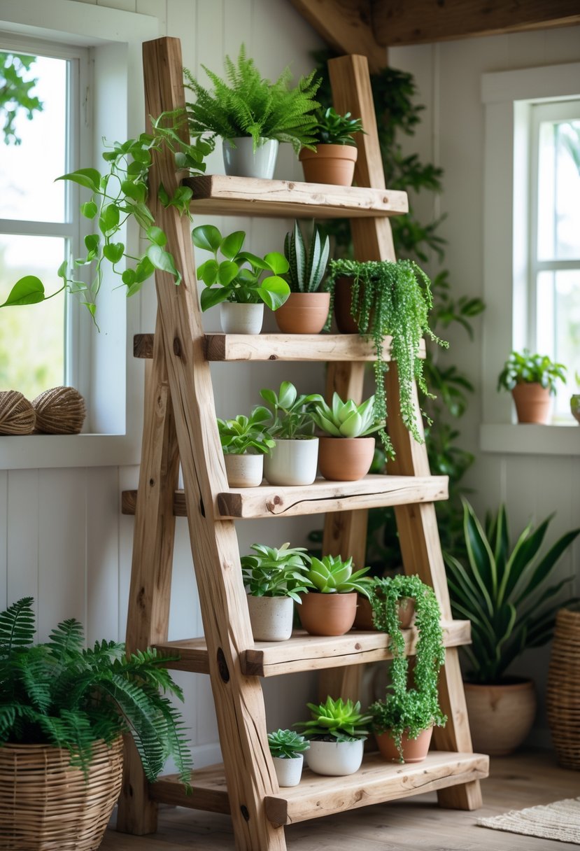 Farm Cottage Aesthetic Ideas: 21 Inspiring Ways to Create Cozy Charm 19 A rustic wooden ladder shelf indoors holding several green potted plants in a bright room.