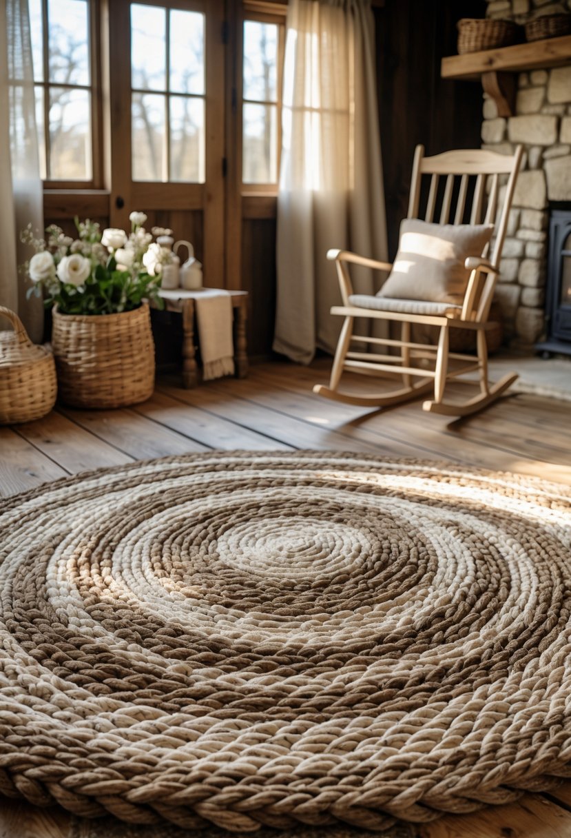 Farm Cottage Aesthetic Ideas: 21 Inspiring Ways to Create Cozy Charm 20 Cozy farmhouse interior with natural fiber braided rugs on a wooden floor, surrounded by rustic furniture and soft natural light.