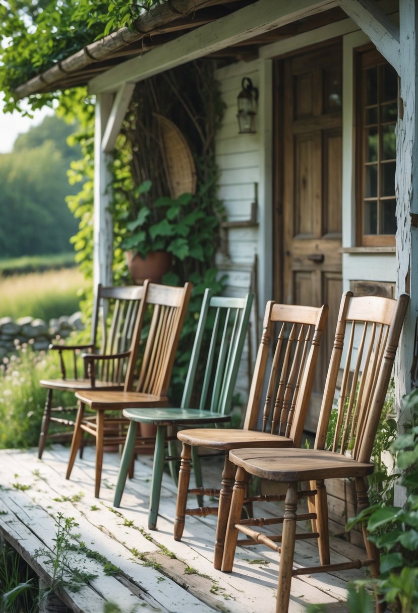 Farm Cottage Aesthetic Ideas: 21 Inspiring Ways to Create Cozy Charm 21 A group of different old wooden chairs arranged on a wooden porch outside a countryside cottage surrounded by plants.