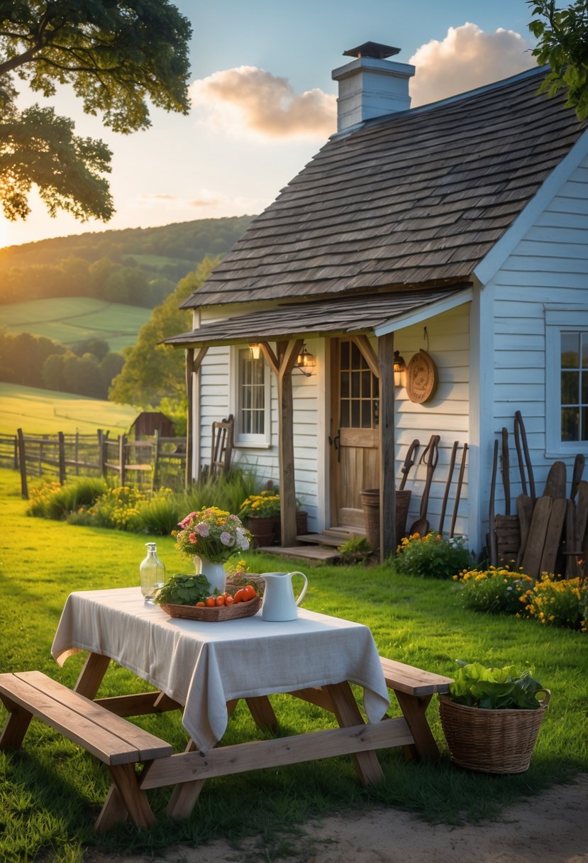 Farm Cottage Aesthetic Ideas: 21 Inspiring Ways to Create Cozy Charm 24 A rustic farm cottage surrounded by green grass, wildflowers, wooden fences, and a picnic table with fresh flowers and vegetables under soft sunlight.