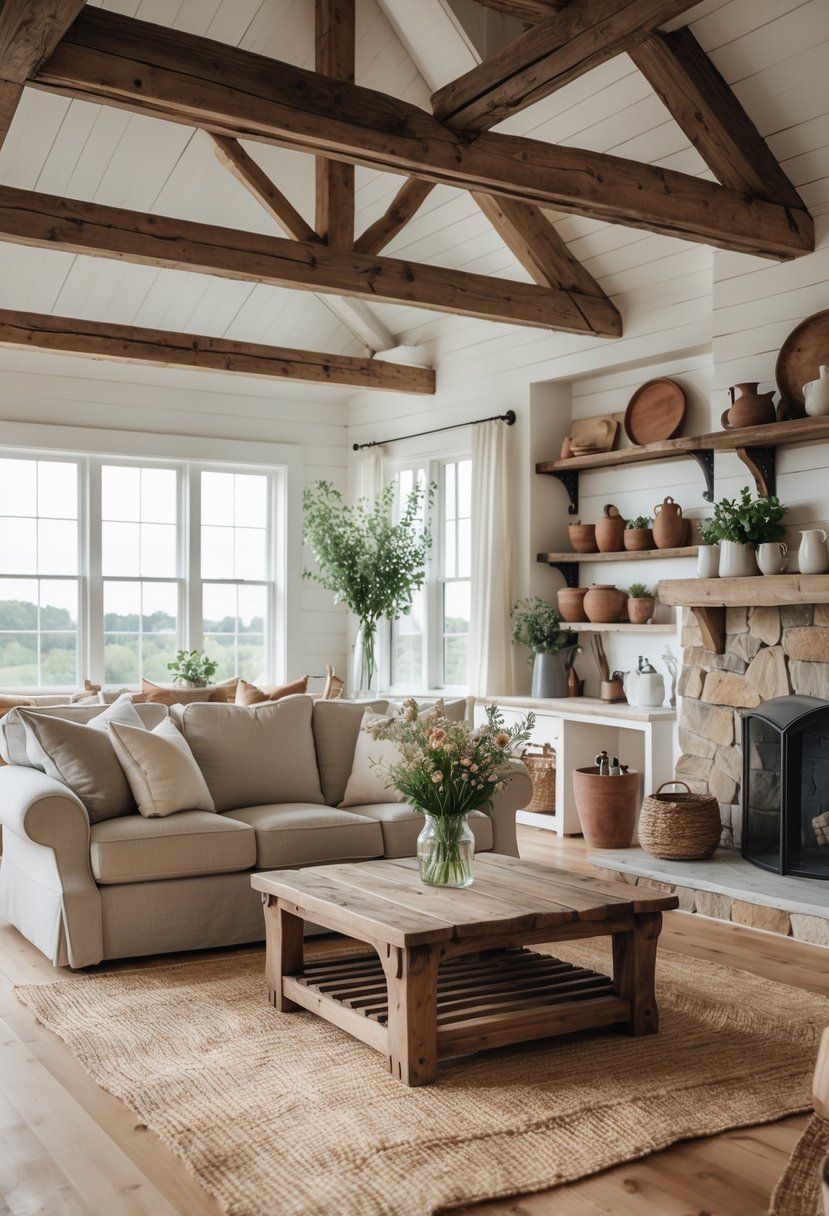 Farm Cottage Aesthetic Ideas: 21 Inspiring Ways to Create Cozy Charm 25 A bright living room with wooden beams, a comfortable sofa, a wooden coffee table with flowers, and a stone fireplace.