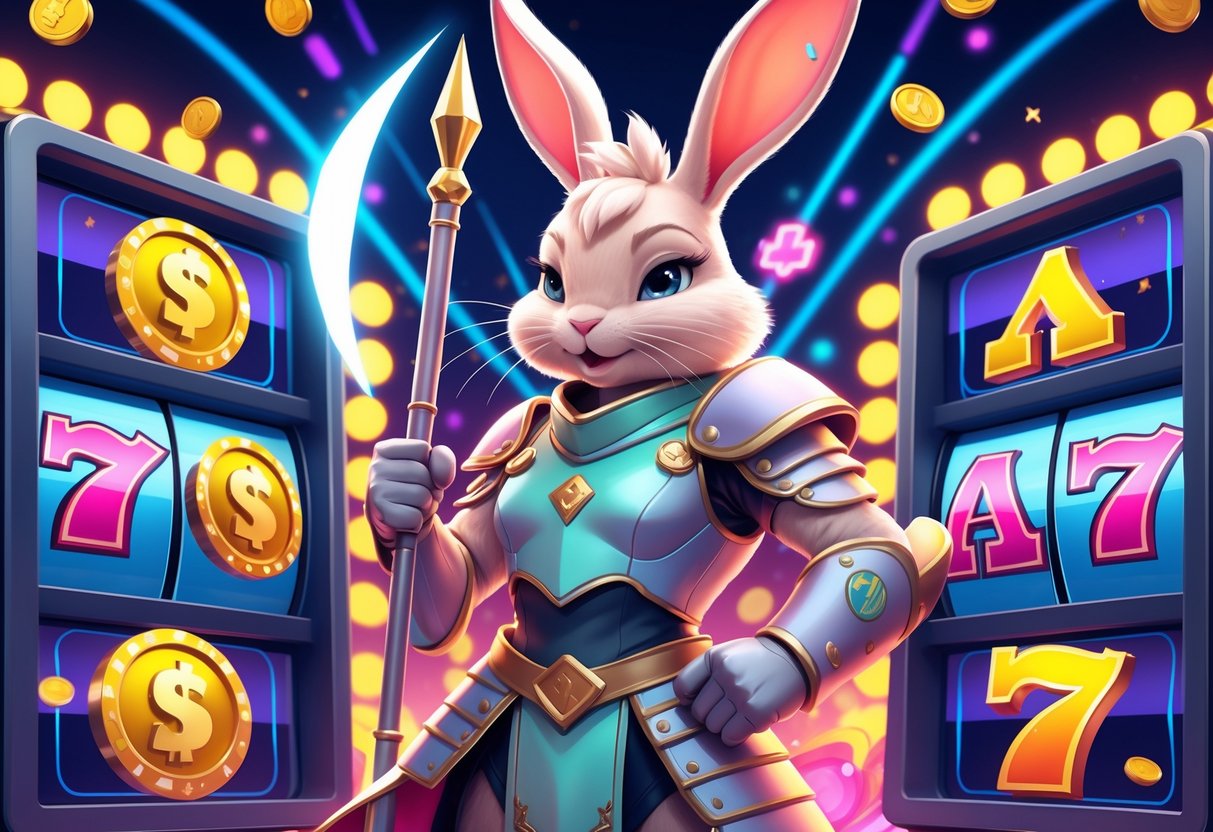 Seekor kelinci bertopeng dengan baju zirah memegang tombak di depan mesin slot yang menampilkan simbol kemenangan dan koin emas.