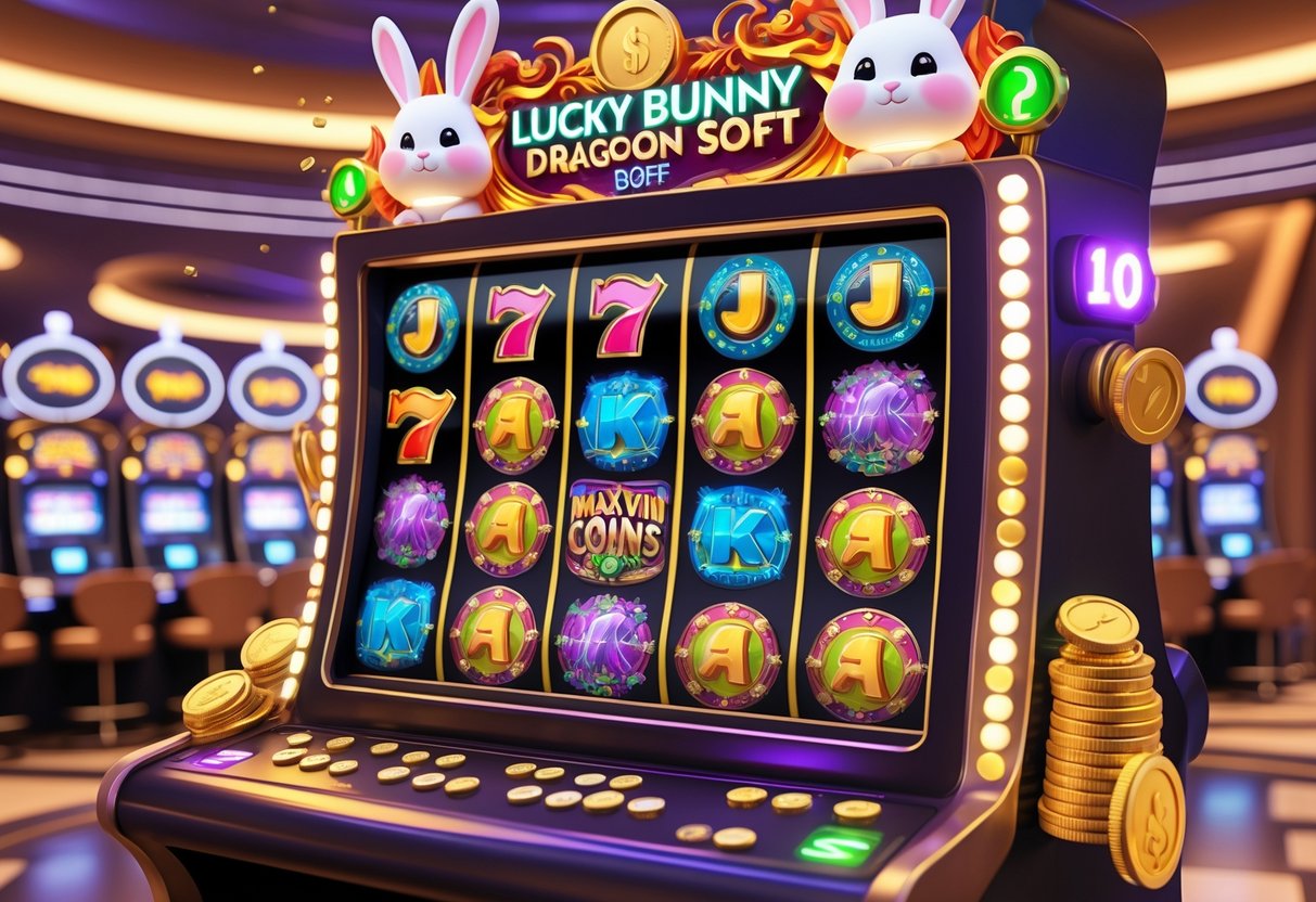 Ilustrasi mesin slot bertema kelinci dan naga dengan koin bersinar dan lampu jackpot di latar kasino futuristik.