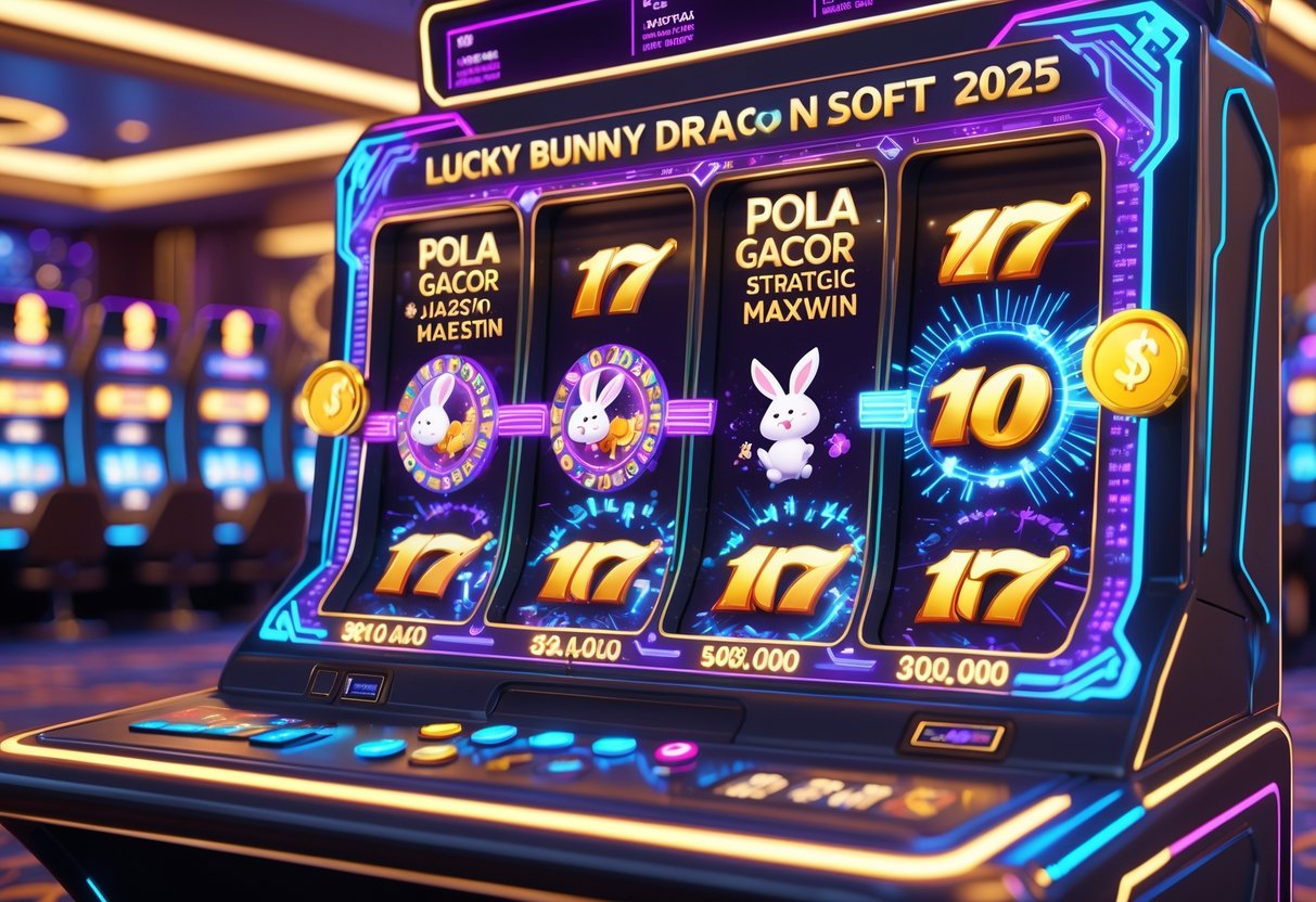 Ilustrasi mesin slot futuristik dengan kelinci keberuntungan dan naga, koin jackpot yang berkilauan, di dalam kasino modern dengan lampu neon dan tampilan digital.