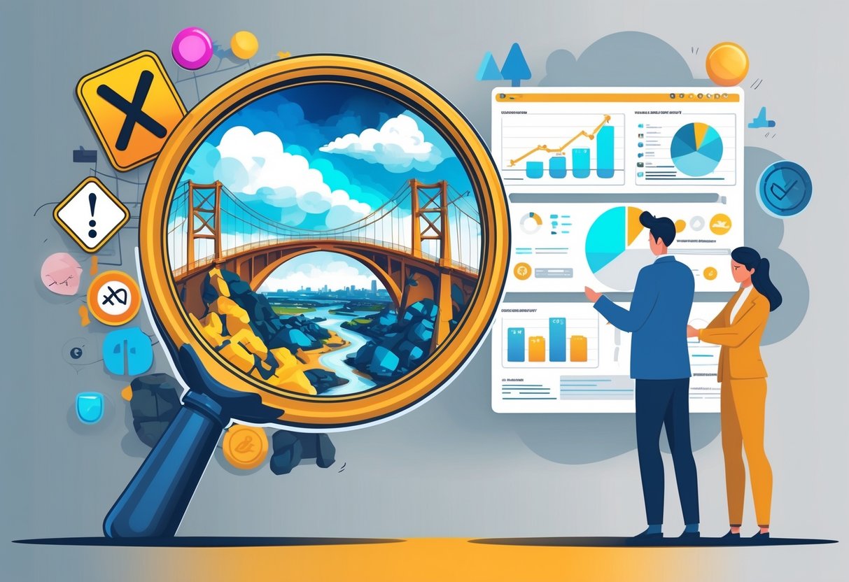 A person examines distorted risk symbols through a magnifying glass on one side and analyzes clear, factual data on a digital screen on the other side, illustrating the difference between perceived and actual risk.