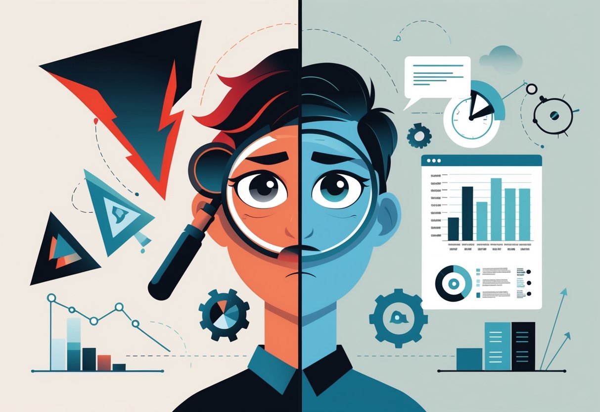 A person looking anxiously at a distorted shadow of a risk symbol on one side, and calmly analyzing clear charts and data on the other side, illustrating the difference between perceived and actual risk.