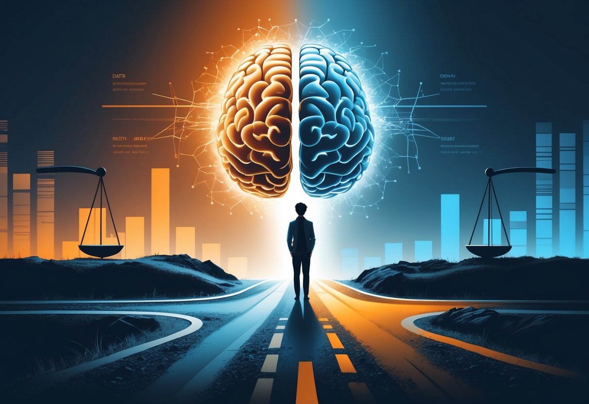 A person standing at a crossroads with one path smooth and bright and the other rugged and shadowed, with a glowing brain overlay and scales balancing symbols of danger and safety around them.