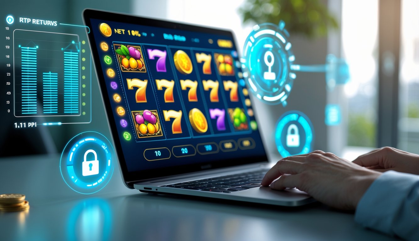 Layar komputer menampilkan permainan slot online dengan grafik warna-warni dan simbol keberuntungan, dikelilingi ikon keamanan dan grafik digital yang menunjukkan tingkat pengembalian tinggi.