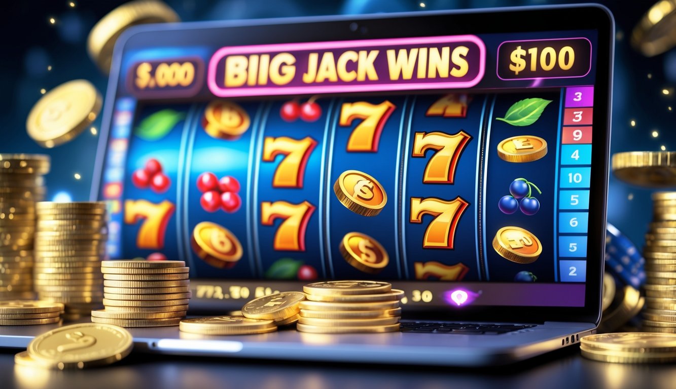 Layar komputer menampilkan permainan slot online dengan simbol kemenangan dan koin emas yang bersinar.