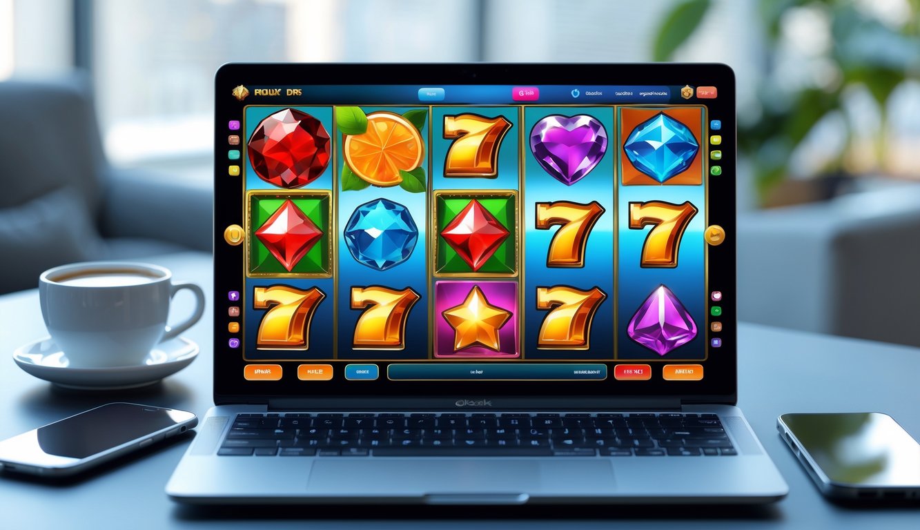 Layar laptop menampilkan permainan slot online dengan simbol warna-warni, di atas meja kerja modern dengan cangkir kopi dan ponsel di sampingnya.