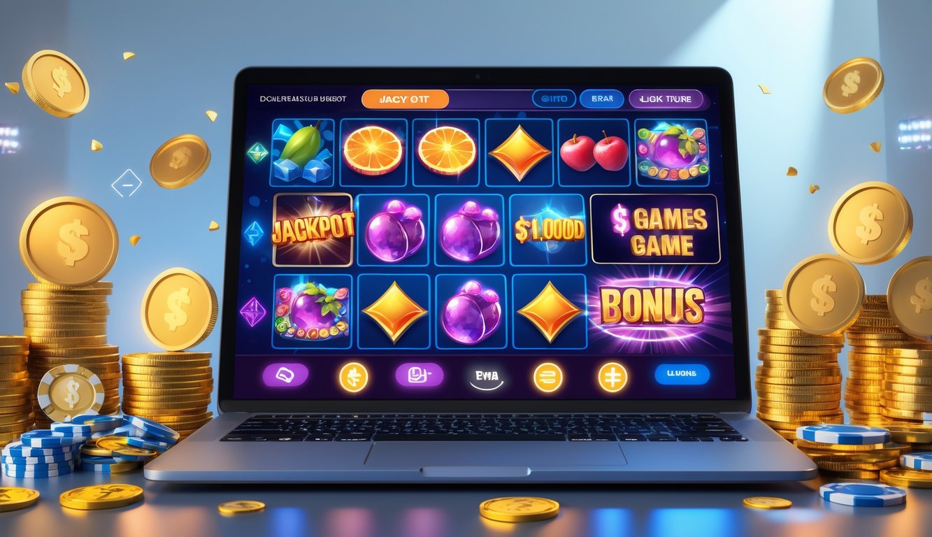 Sebuah komputer dengan tampilan permainan slot online yang berwarna-warni dan koin emas di sekitarnya.