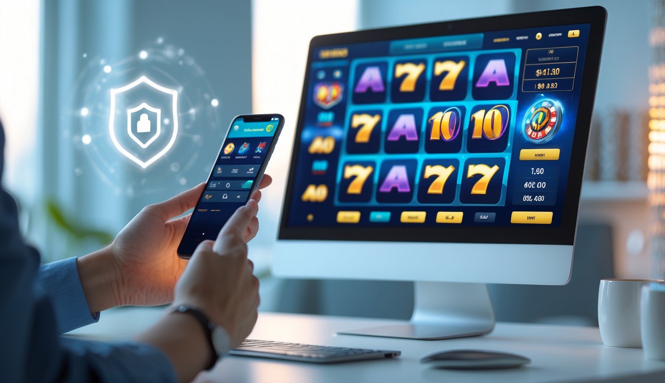 Seseorang menggunakan laptop dan ponsel untuk bermain slot online dengan suasana yang aman dan terpercaya.