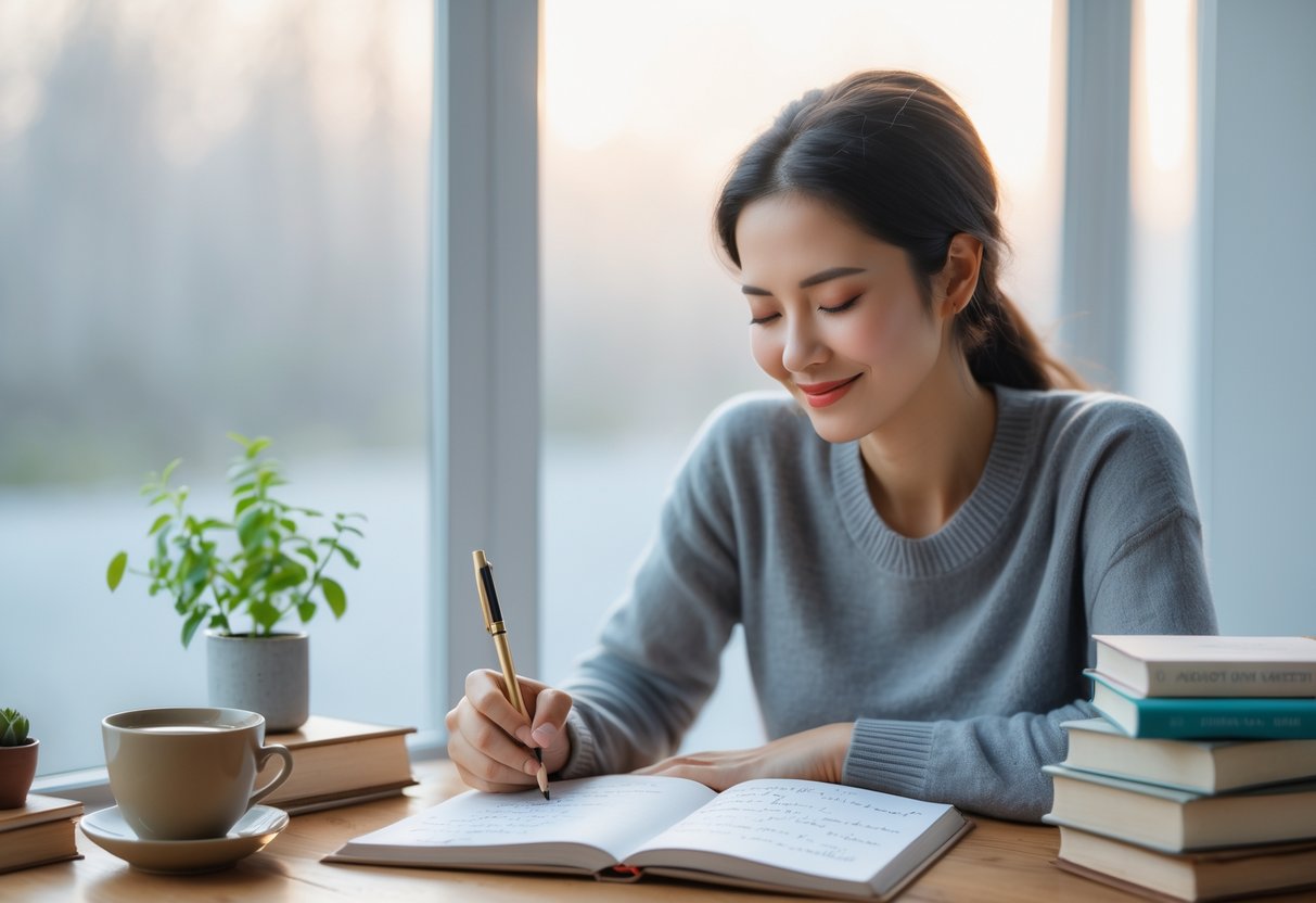 A young woman sitting at a desk by a window, smiling with eyes closed while writing in a journal, surrounded by a plant, a cup of tea, and books in a bright room.