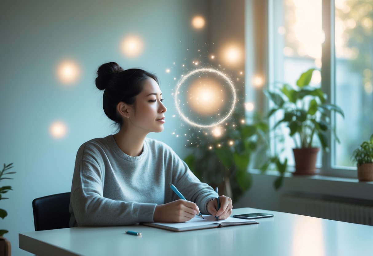 A young adult sitting thoughtfully at a desk with a notebook in a bright room with plants, appearing calm and reflective.