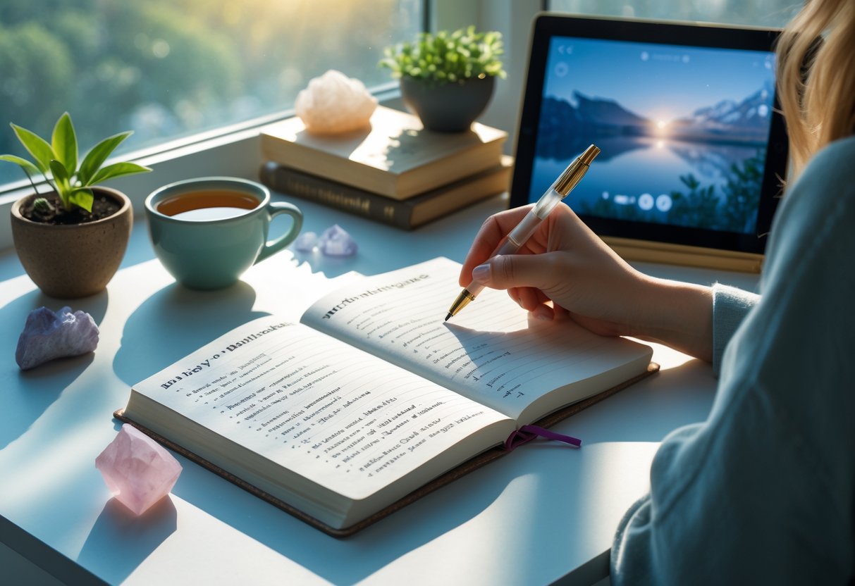 A person writing daily affirmations in a journal at a sunlit desk surrounded by a plant, tea cup, and calming objects.
