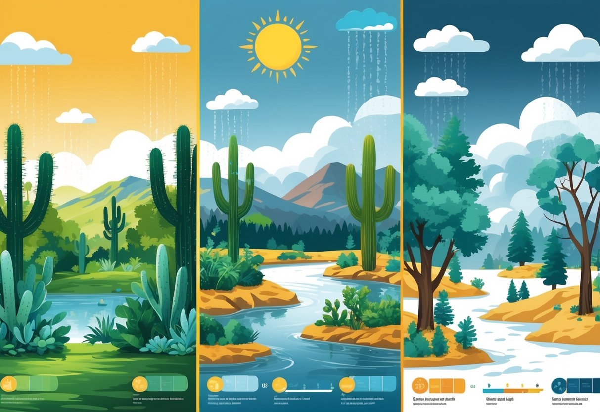 Ilustracija koja prikazuje usporedbu različitih klimatskih tipova s naglaskom na umjereno toplu vlažnu klimu, uključujući zelenu vegetaciju, umjerenu kišu i sunčano vrijeme, te suhe, hladne i umjerene klimatske uvjete u drugim dijelovima slike.