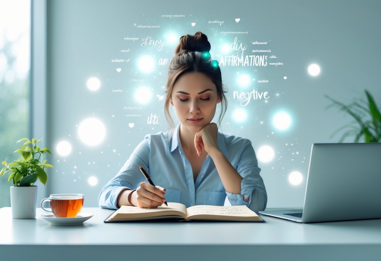 A young woman thoughtfully writing in a journal at a bright desk with a laptop and plant nearby, surrounded by soft glowing light orbs.