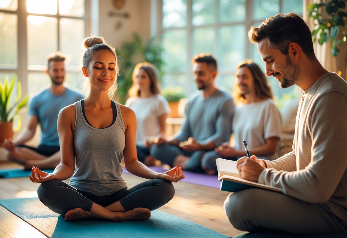 A diverse group of people practicing daily affirmations in a bright, sunlit room, including a woman meditating and a man writing in a journal.