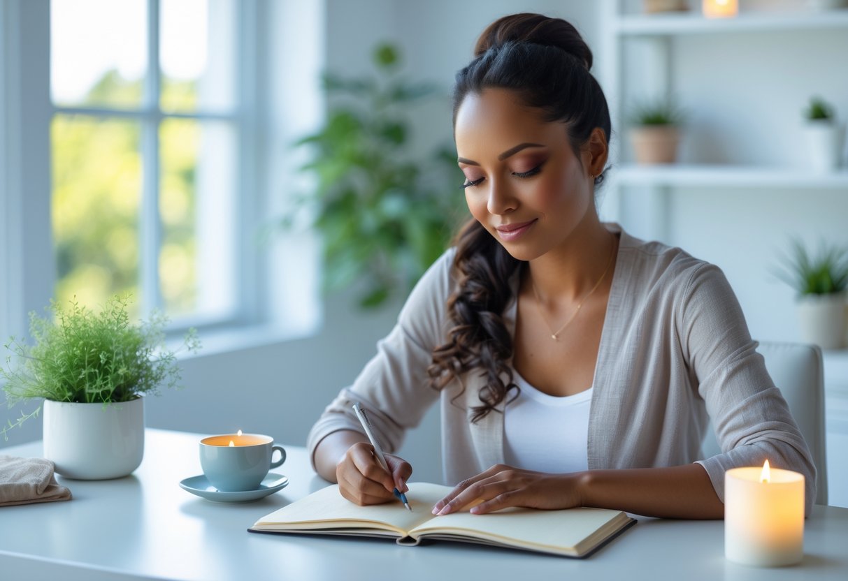 A woman writing in a journal at a desk in a bright room with plants and a cup of tea, appearing calm and thoughtful.