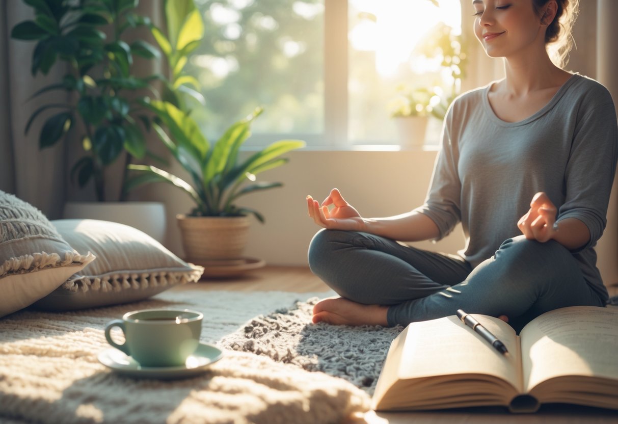 A person sitting peacefully in a sunlit room, meditating with a journal and pen nearby, surrounded by plants and soft cushions.